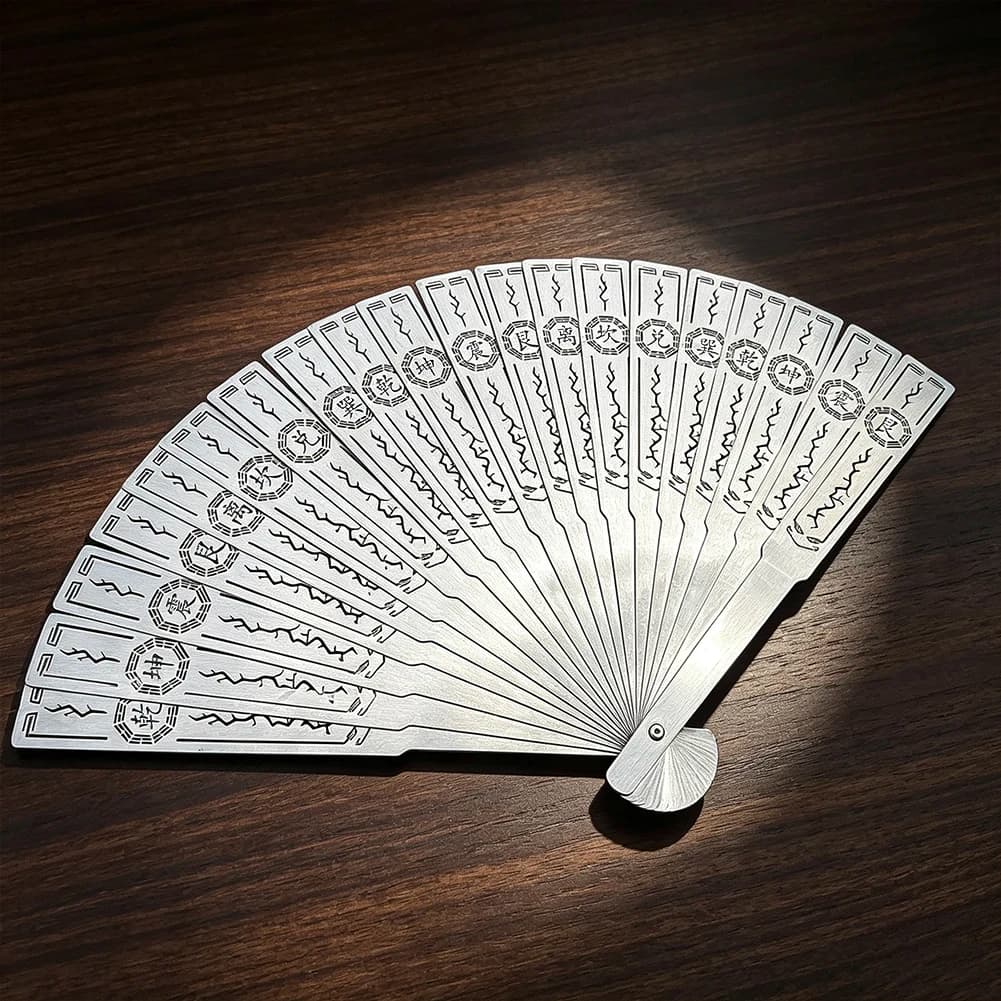 Chinese Traditional I Ching Bagua Symbol Metal Hand Fan Stainless Steel Engraved Talisman Pattern Taoist Culture Desk Ornament