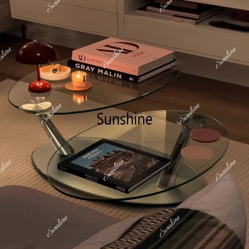 Small apartment movable folding rotating advanced glass coffee table retro designP