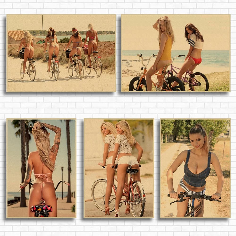 Girl Bicycle Print Bike Vintage Photo Kraft Paper Poster Cycling Painting Picture Bathroom Home Wall Decor