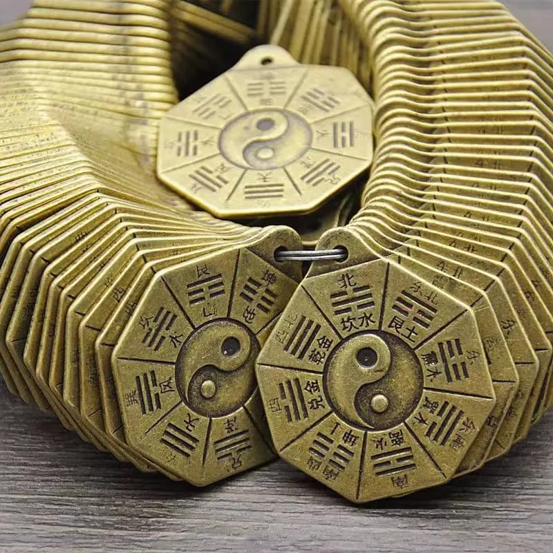 Ancient Coin 3.62Cm Pure Copper Gold Wood Water Fire Earth Tai Chi Bagua Key Pendant