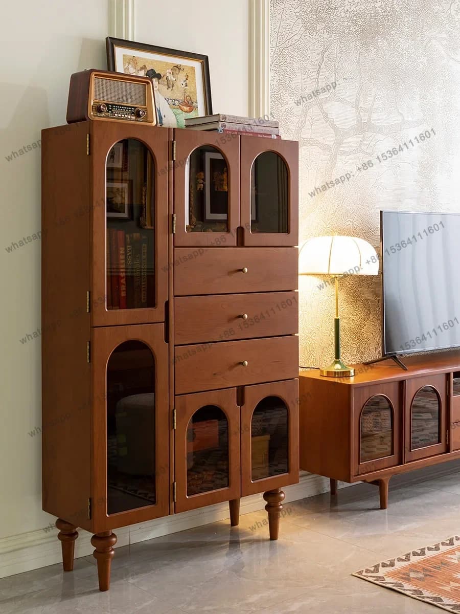 PJ .French Retro Solid Wood Display Cabinet Bookcase Living Room Hand-Made Sofa Side Cabinet