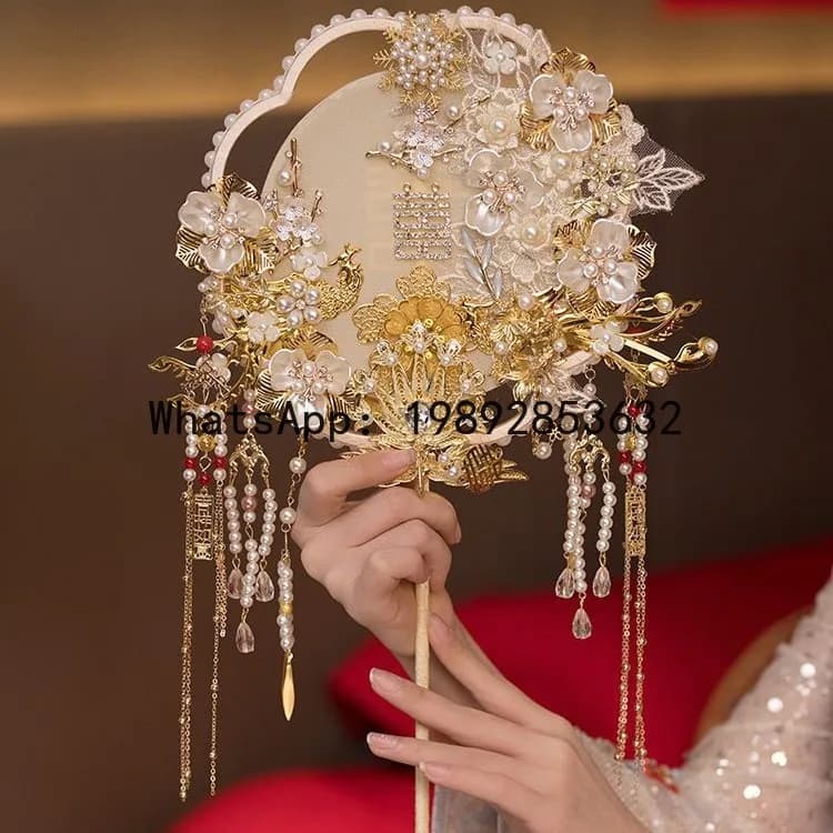 FS Bridal Wedding Xiuhe Group Fan Double-sided Handmade Finished Product Cover Champagne Lace Flower Group Fan