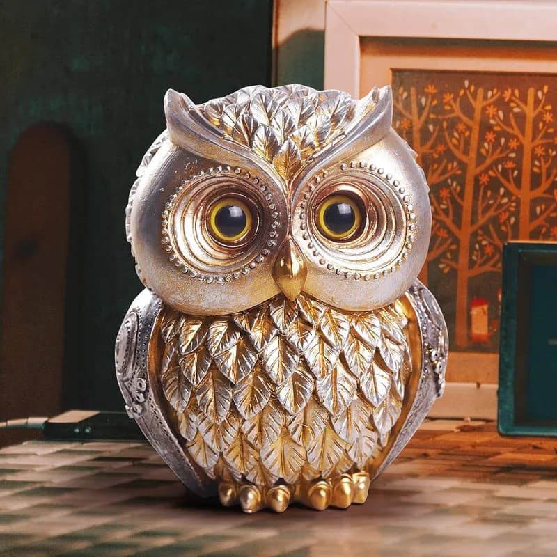 Resin Craft Owl Statue Decorative Ornament Sculpture Engrave for Living Study Room Desk Table and Office Decoration Gold Gift
