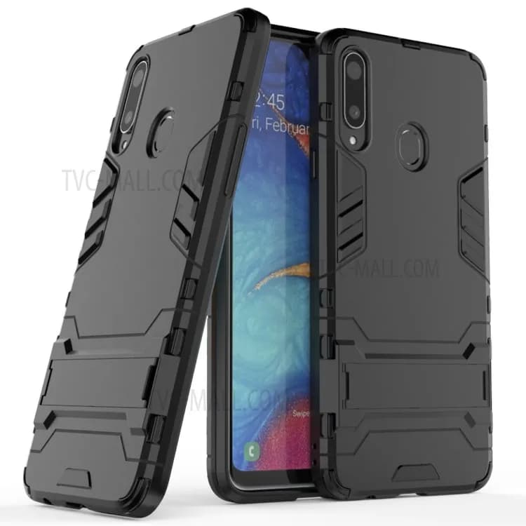 Plastic + TPU Hybrid Shell Case with Kickstand for Samsung Galaxy A20s - Black