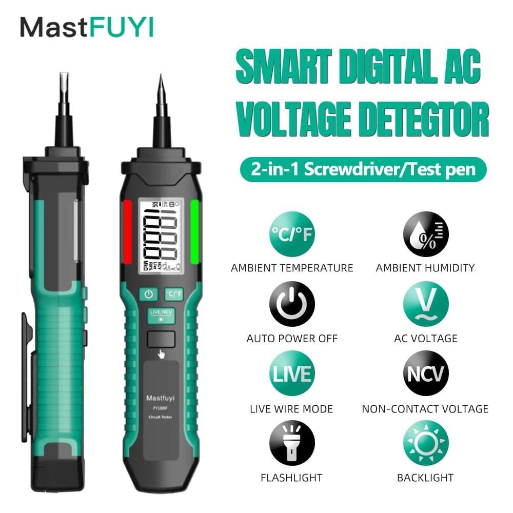 MASTFUYI 18DF AC Voltage Tester Pen 12-300V NCV Temp Humidity LED Flashlight Alarm Digital Pocket Electrical Tester