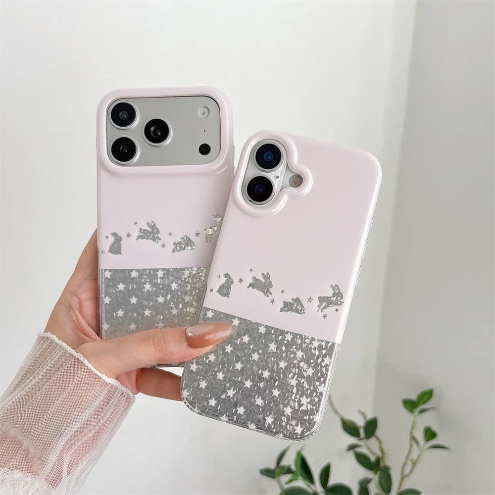 Kawaii Pink Silver Glitter Star Rabbit Phone Case For iPhone 15 16 17 18 Pro Max Cute Bunny Shockproof Protective Cover