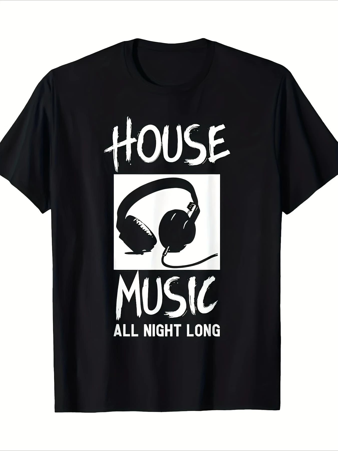 Men's house music all night DJ graphic T-shirt-100% cotton round neck casual T-shirt with earphone printing.
