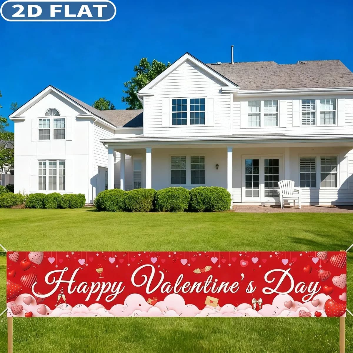 2D FLAT 1pc Valentines Banner with 4 Grommets- 120x20 Inch - Polyester Hanging Hearts Happy Valentines Day Banner  for Fence
