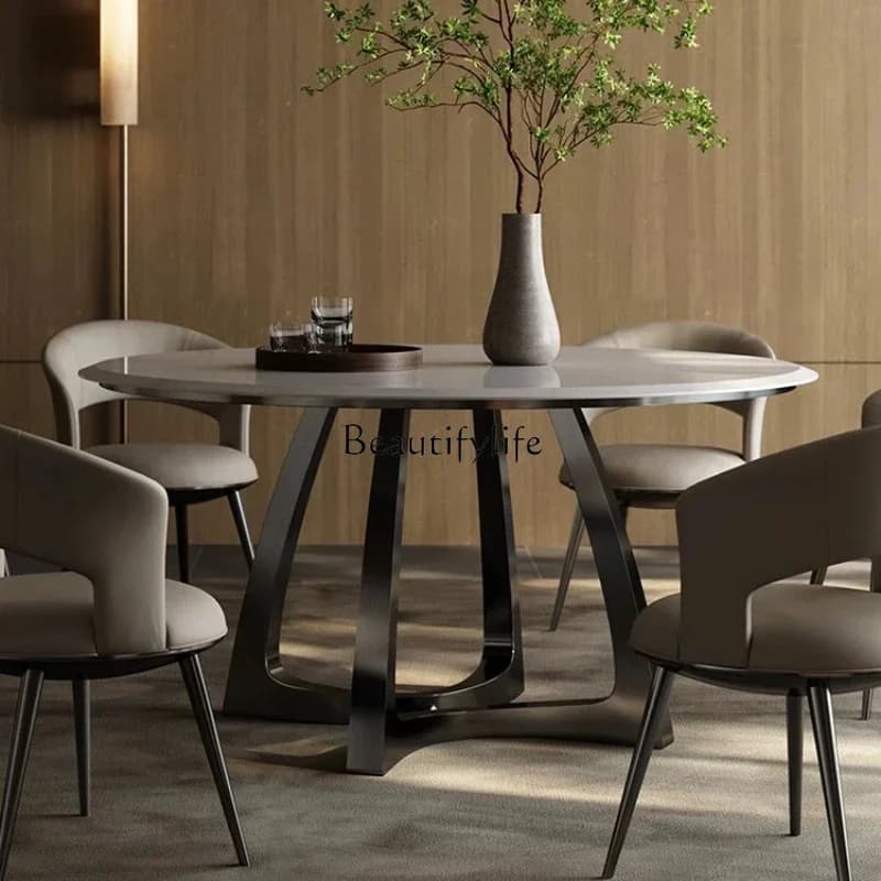 5ld14 Natural Marble Round Dining Table Light Luxury Household Stainless Steel Luxury Stone Dining Table