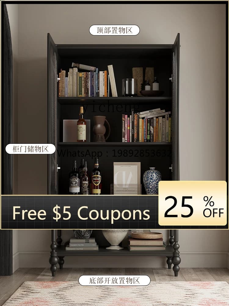 GZ Retro Solid Wood Bookcase Living Room Home Display Cabinet Antique Style Black Floor Storage Cabinet