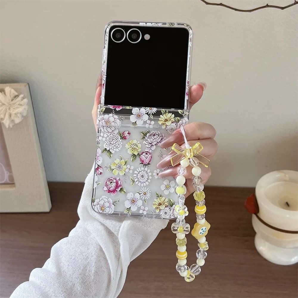 Vintage Floral Rose Print Phone Case For Samsung Galaxy Z Flip 8 7 6 5 Clear Hard Cover With Yellow Bow Flower Beaded Wrist Stra
