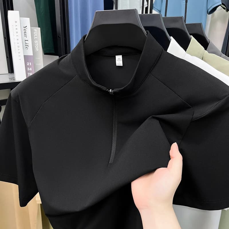 2026 Summer New Style Men's Fashion Notched Collar Half-Zip Shirt Short Sleeve Top