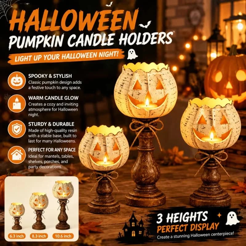 Pumpkin Halloween 3PCS Candle Holder Resin, Jack O Lantern Candle Stand, Fall Thanksgiving Table Home, Decoration Ornament Decor