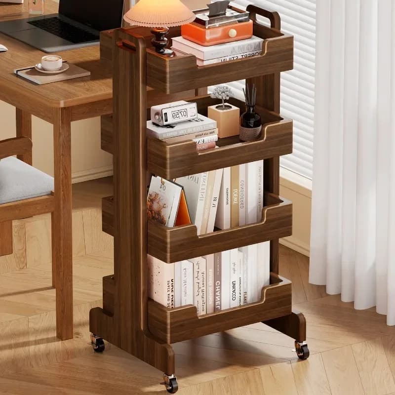Solid wood bookshelf floor shelf, storage trolley simple bookcase c