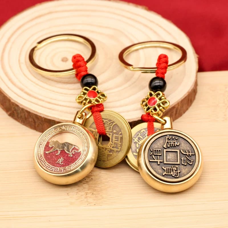 Brass Cinnabar Five Emperors Coin Zodiac Rotating Keychain Car Pendant Rotatable Keyring