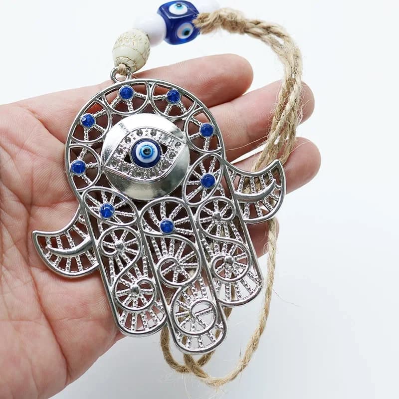 Unique Metal Fatima Hand Pendant with Blue Eye Handmade Blue Eye Hanging Decoration for Home Wall and Car Good Luck Amulet Gift