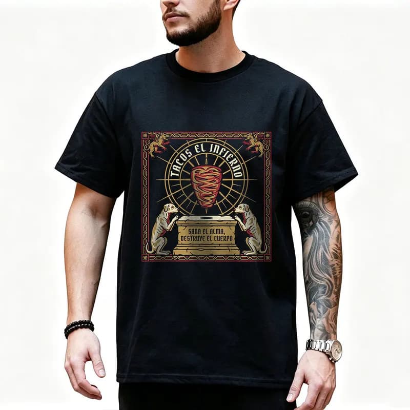 Dogs praying to meat cone Graphic T Shirt 0912 Retro Dark Humor Mexican Culture Halloween Alternative Art Tee