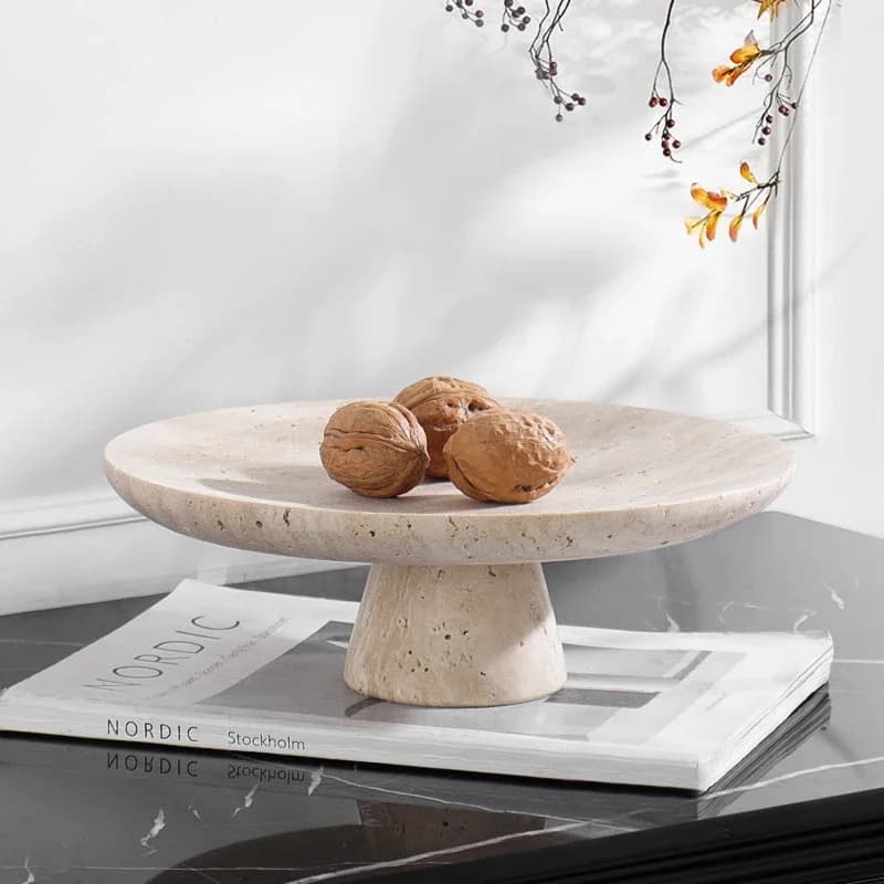 Vintage Travertine Fruit Bowl for Kitchen Counter Decorative Pedestal Tray for Dining Table