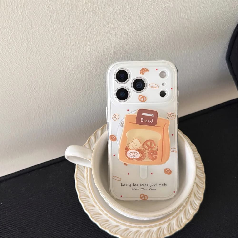 Korean INS Bread Magnetic Shake Stand Phone Case for iPhone 17 Pro Max 13 14 15 16 Cute Cover For Magsafe Cases shockproof Funda