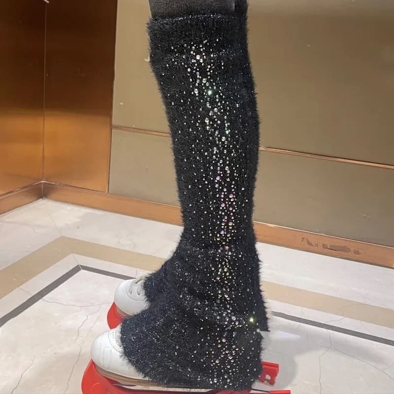 Figure Skating Leg Protectors, Warm Plush, Rhinestone Leg Socks