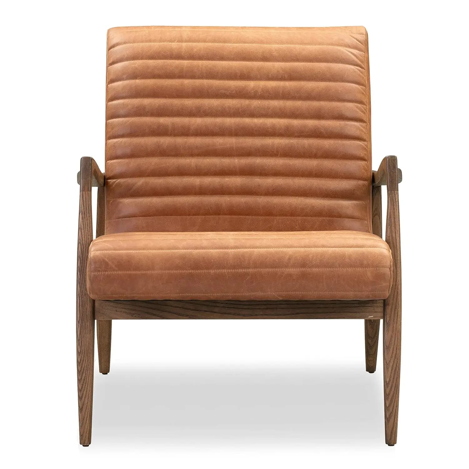 Rowan Lounge Chairs Set of 2 – Mid Century Modern Leather Armchairs with Ribbed Seat and Solid Ash Wood Frame, Cognac Tan