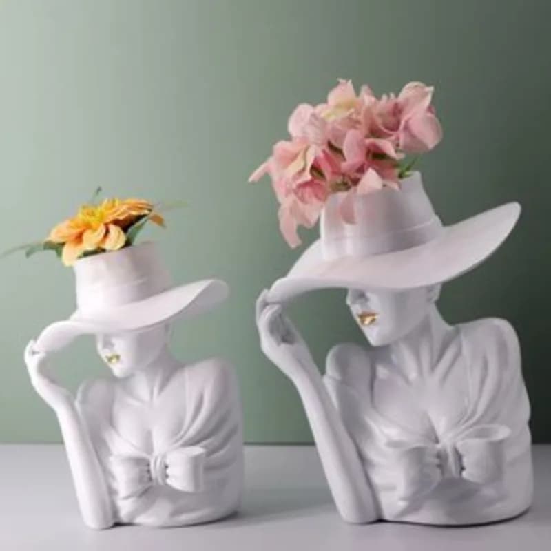 A Classic Elegant Resin Sculpture Of Goddess, Adorned With Floral Decorations A Circular Vase Shape, Suitable For Decoration In
