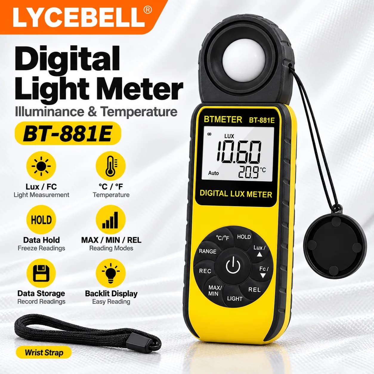 HoldPeak 881E Illuminance Meter 0.1Lux Resolution Temp °C/°F 33 Records Backlight for Indoor Lighting
