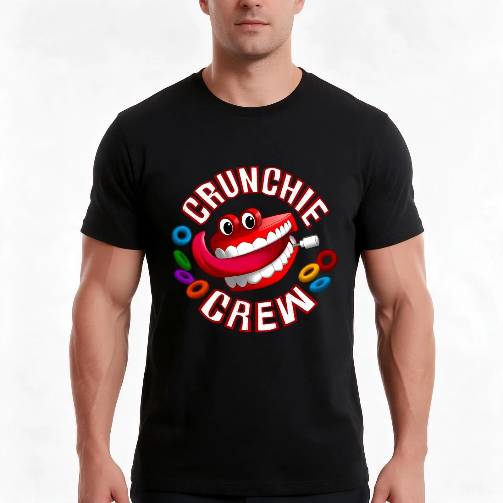 Crunchie Crew Badge T-Shirt, Summer Casual Cotton Tee, Oversized Streetwear Tops, Vintage Graphic Print, Loose Fit Short Sleeve