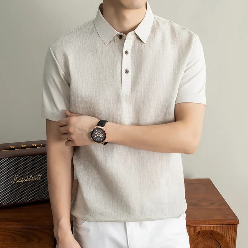 Pure Linen Button-neck Short-sleeved Men's Clothing 2026 Summer New Casual Commuting Solid Color Men's Polo Shirt