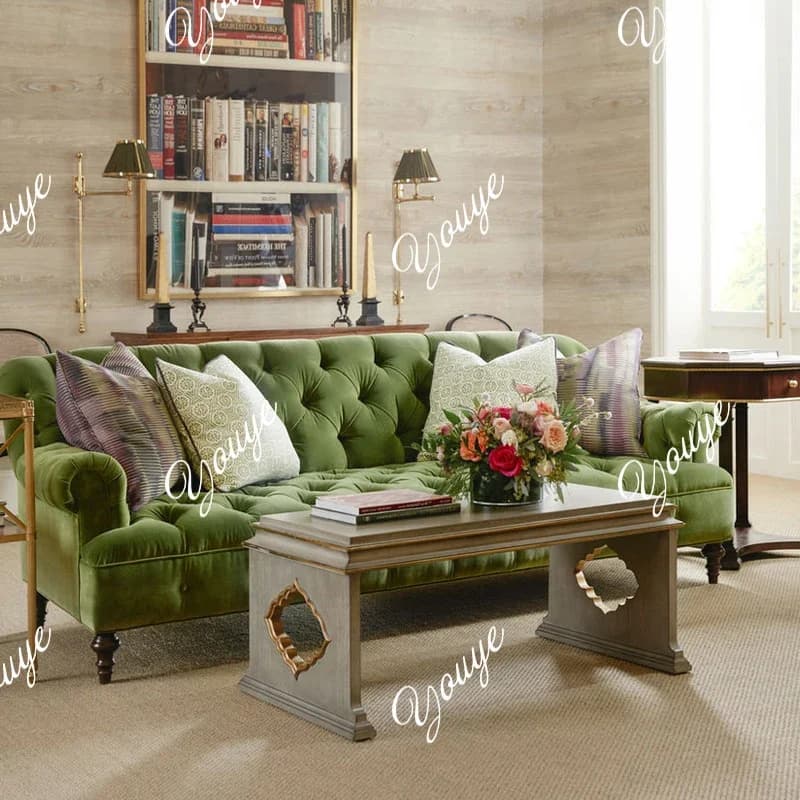 XM French Retro Sofa Olive Green Solid Wood Sofa American Small Apartment Velvet Buckle High Back Double Triple