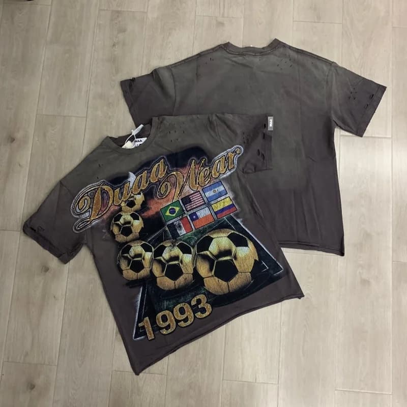 DUAA Streetwear Trendy Soccer Prints Washed Distressed Vintage Summer Men's Women's Oversized Cotton T-shirts