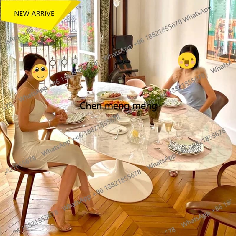 M138 Nordic Minimalist Living Room Oval Marble Dining Table Designer Discussion Rock Plate Dining Table Work Balcony Cream Style
