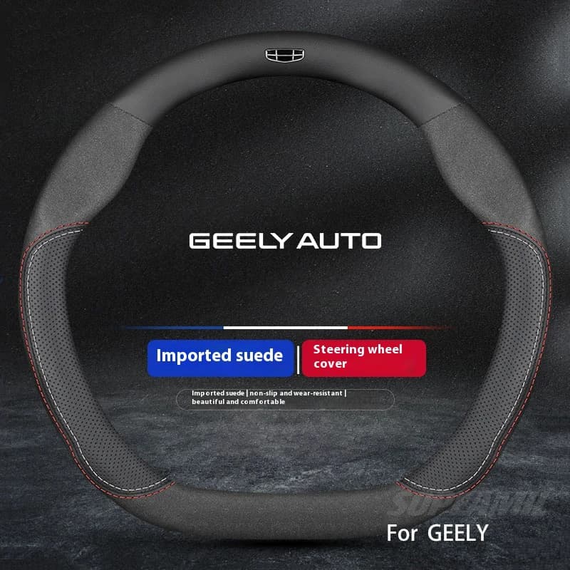 For GEELY Monjaro EC7 EC8 GC6 GC9 GX3 Coolray Atlas Boyue Emgrand Anti-slip Leather Suede Car Steering Wheel Cover Accessories