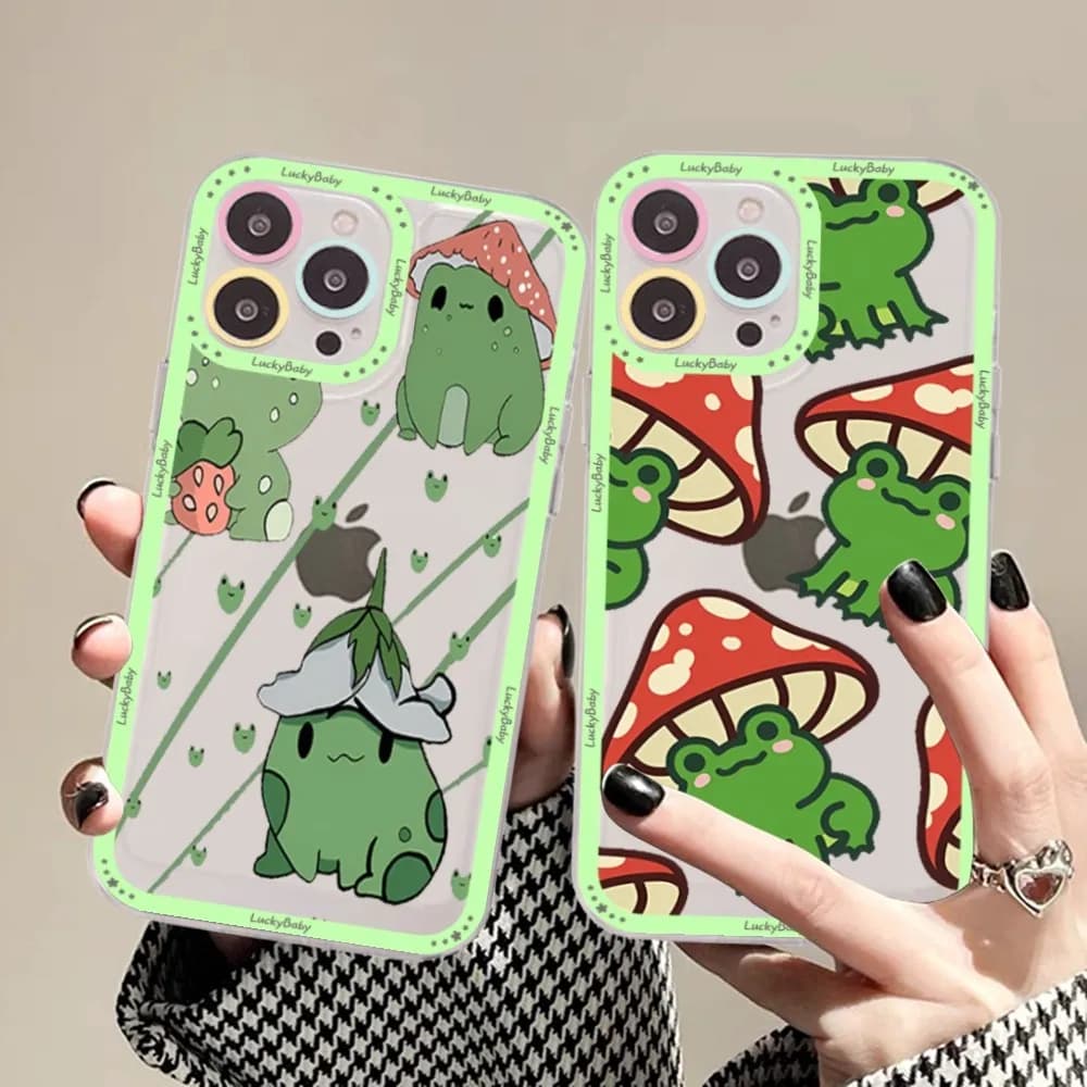 Mint Green The Frog Mushroom Phone Case For iPhone 16 15 14 13 12 11 Pro Max Mini X Xs XR Transparent Case