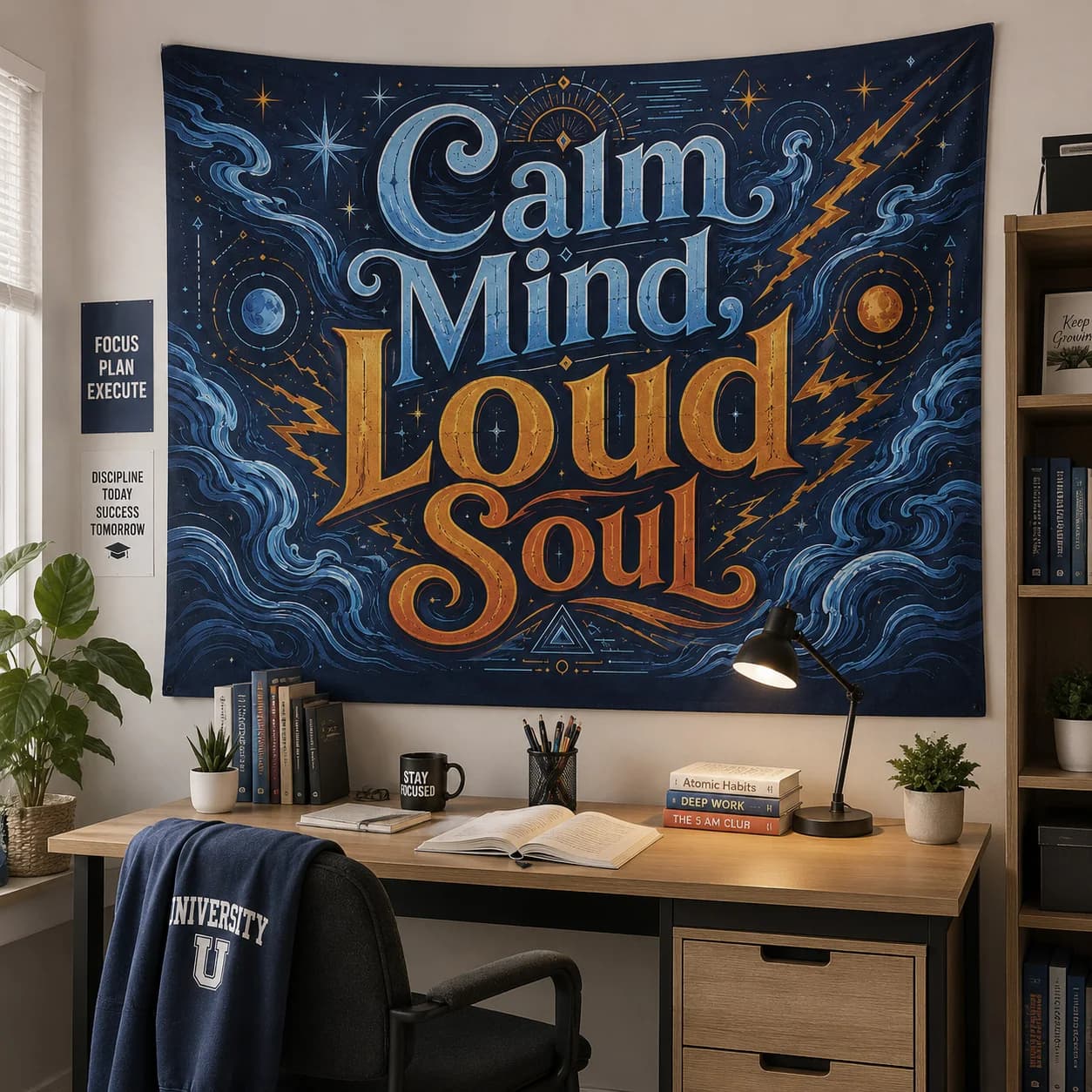 Calm Mind Loud Soul Wall Tapestry Motivational Quote Hanging Decor for Dorm Bedroom Birthday Gift Party Backdrop