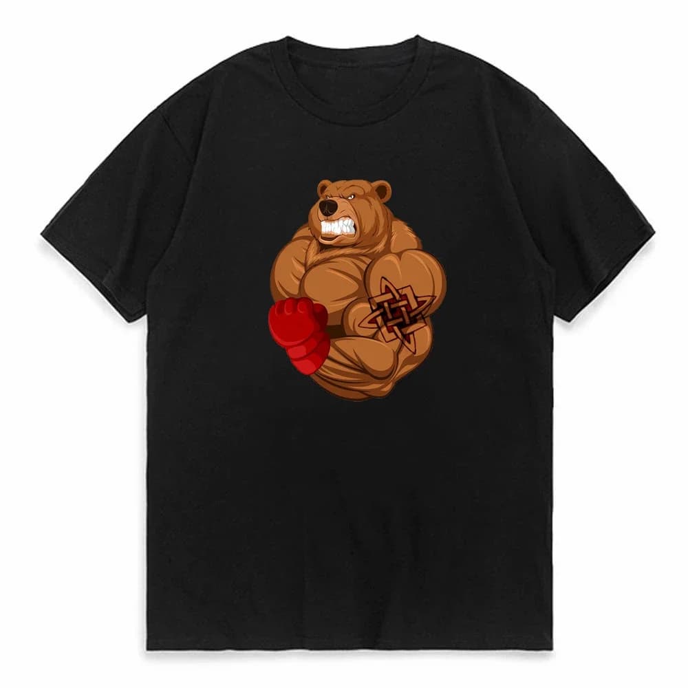 Cartoon Bear Muscle training Men's T Shirts summer Funny rune Man Round Neck Clothing Woman Clothes Funny Letter Print Tees