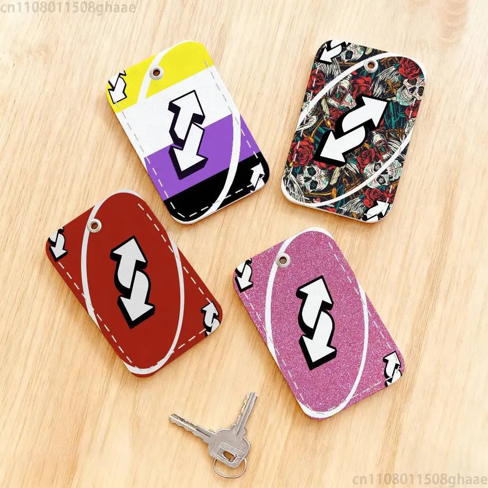 U-UNO Reverse  Rectangle Card Case Keychain Access Card Bag Key Tag Ring Leather Card Holder Key Ring Access