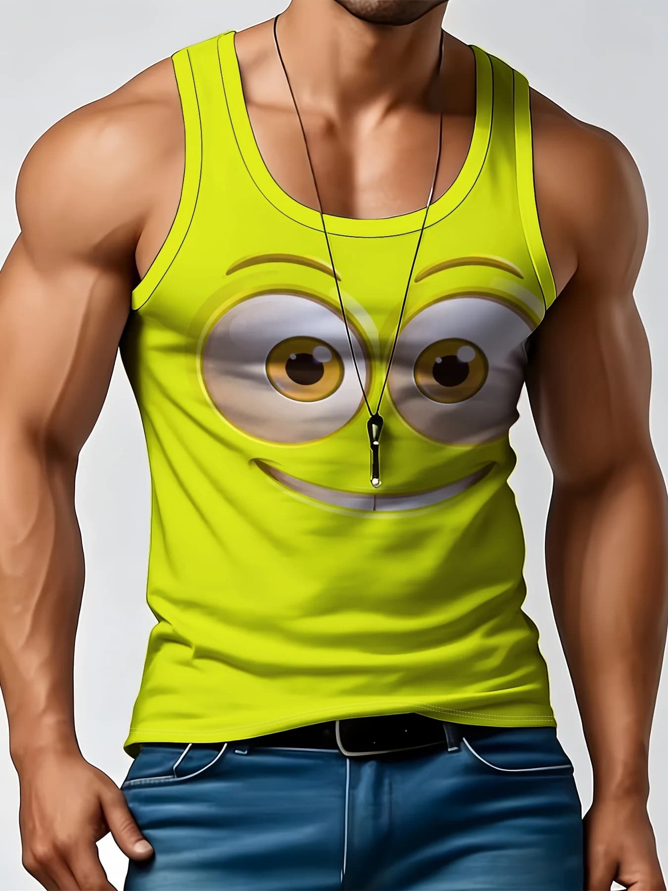 Men's Cute Big Cartoon Eyes Smile Face Graphic Tank Top, Orange Sleeveless Muscle Vest Summer Casual Workout Tank Shirt