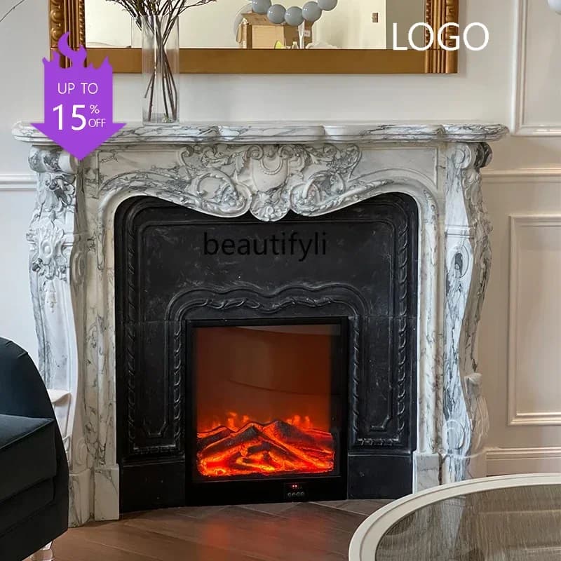 P Marble fireplace French living room stone carving white stone mantel fireplace decoration