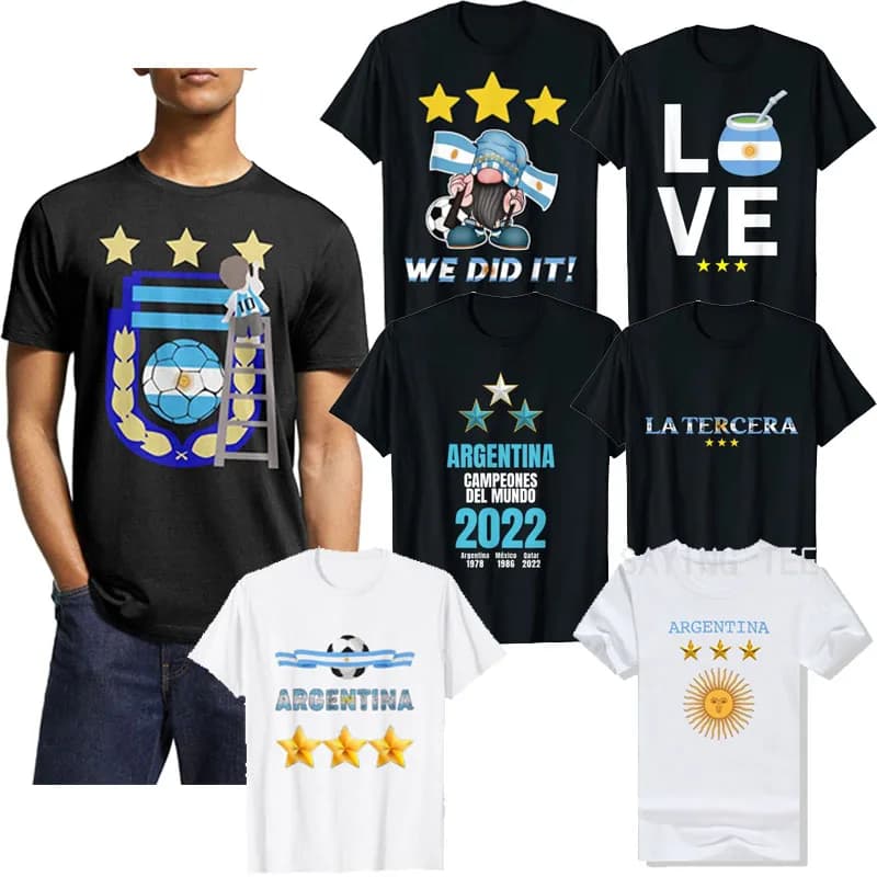Argentina 3 Star Sun of May Adult T-Shirt,  Argentine Flag World Soccer Champions 2022 Fan Pride Tee Tops Tres Estrella Clothes