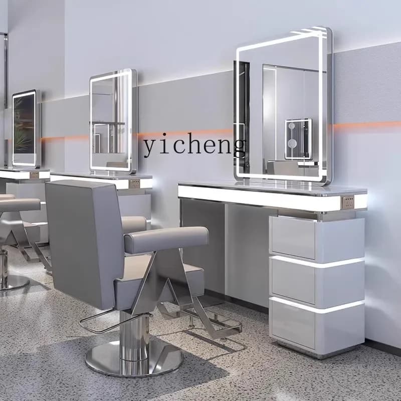 JZ-1   Barber Shop Mirror Table Double-sided Marble Hair Salon Mirror Table Cabinet Stainless Steel Perm and Dyeing Table