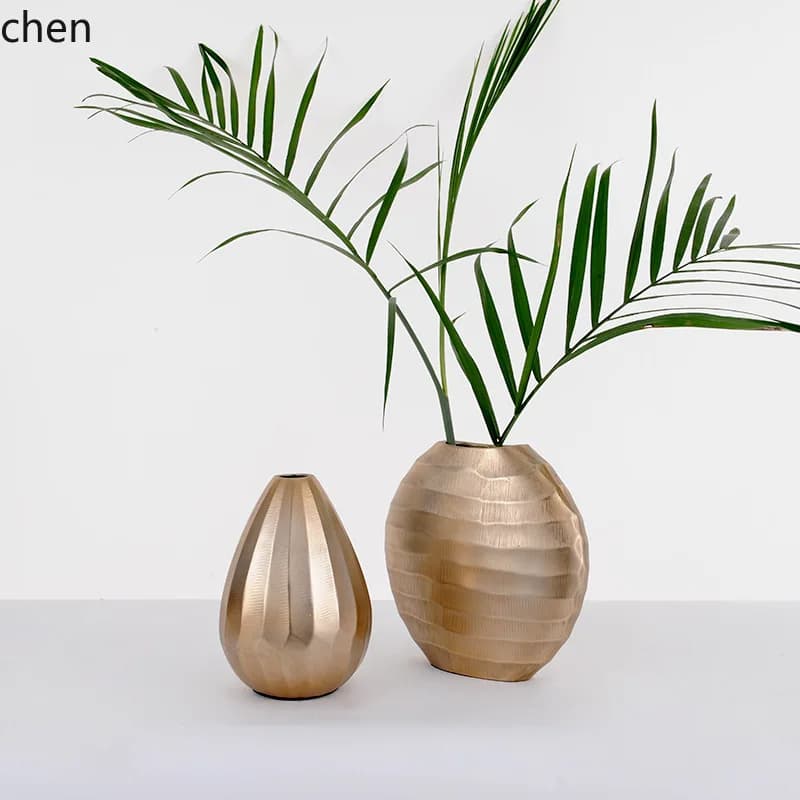 Gray gold Aluminum Alloy Vase Water Wave Texture Vase Ornament Flower Container