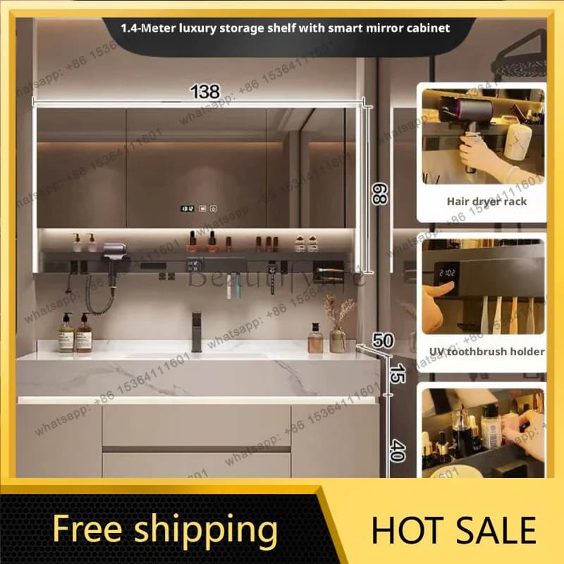 LJY Seamless Integrated Bathroom Furniture Vanity with Slab Stone Basin 2026 New Model Modern Design Wall-Mounted Storage Cabin