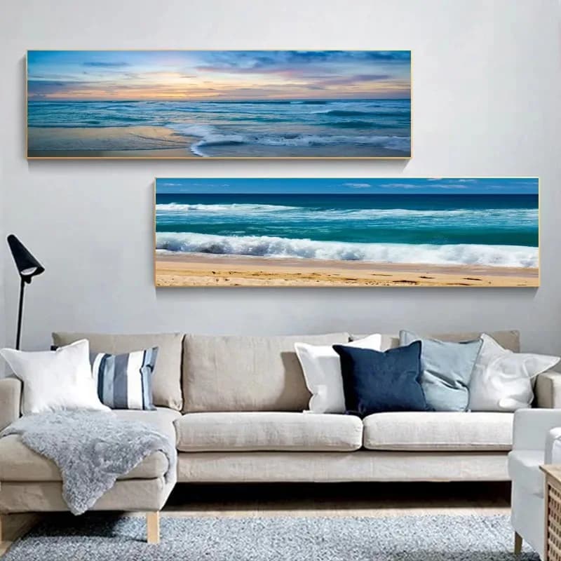 Beach and Sea View Canvas Wall Painting, Sunset and Waves Seaside Poster, Landscape Living Room Wall Decoration Poster