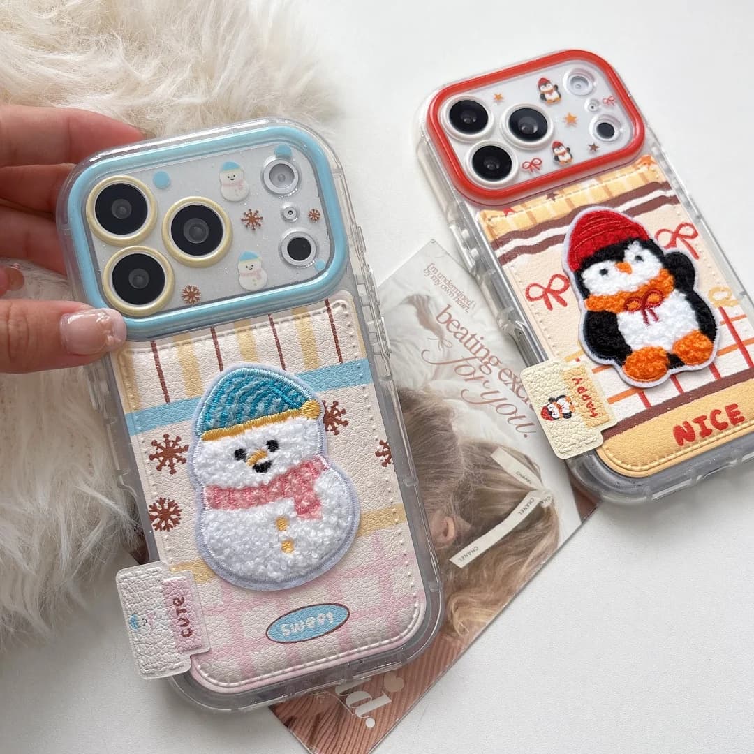 Winter Cute Snowman Penguin animal Phone Case for iPhone 17 16 15 14 13 Pro Max Plus Transparent Camera lens protection Cover﻿