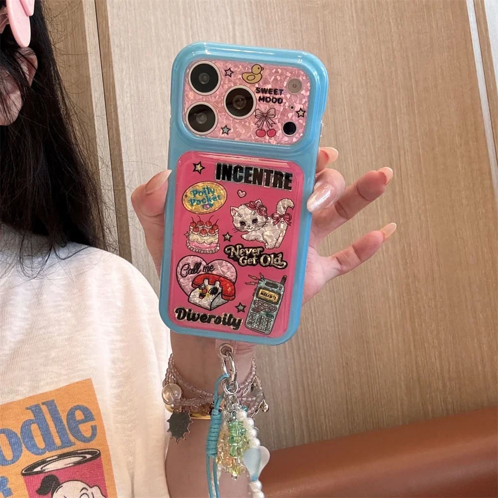 Korea Cartoon Glitter cat Phone Case For iPhone 18 Pro 17 16 15 Pro Max Back Cover Shockproof Cute Cases For Apple 18 Promax