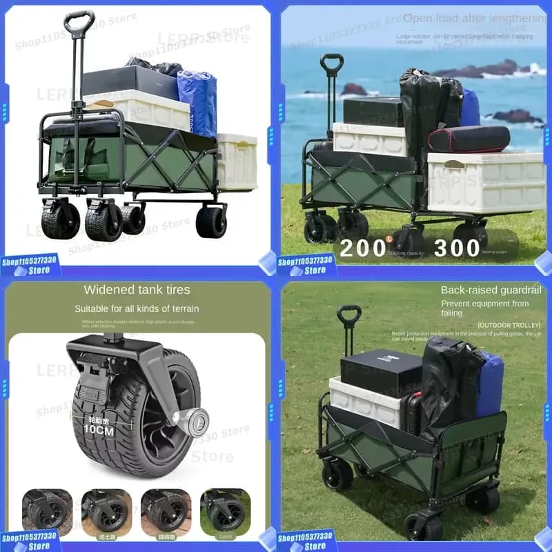 Folding Metal Camping Wagon With Universal Wheels Outdoor Picnic Cart For Shopping Leisure Travel Green Black 128x68x51cm