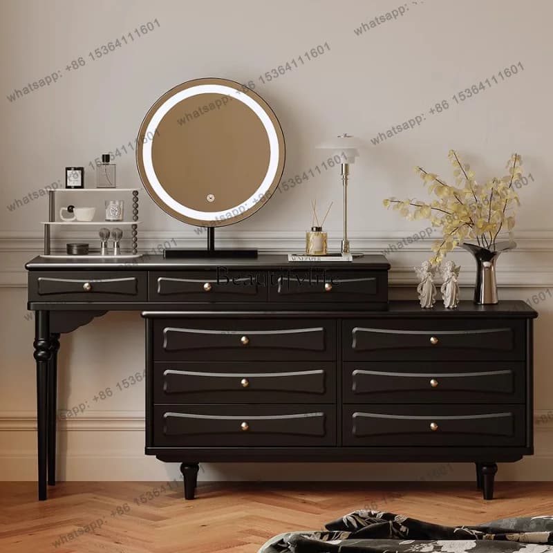 LX American French Retro Master Bedroom Dresser Chest Integrated Bedroom Household Corner Black Solid Wood