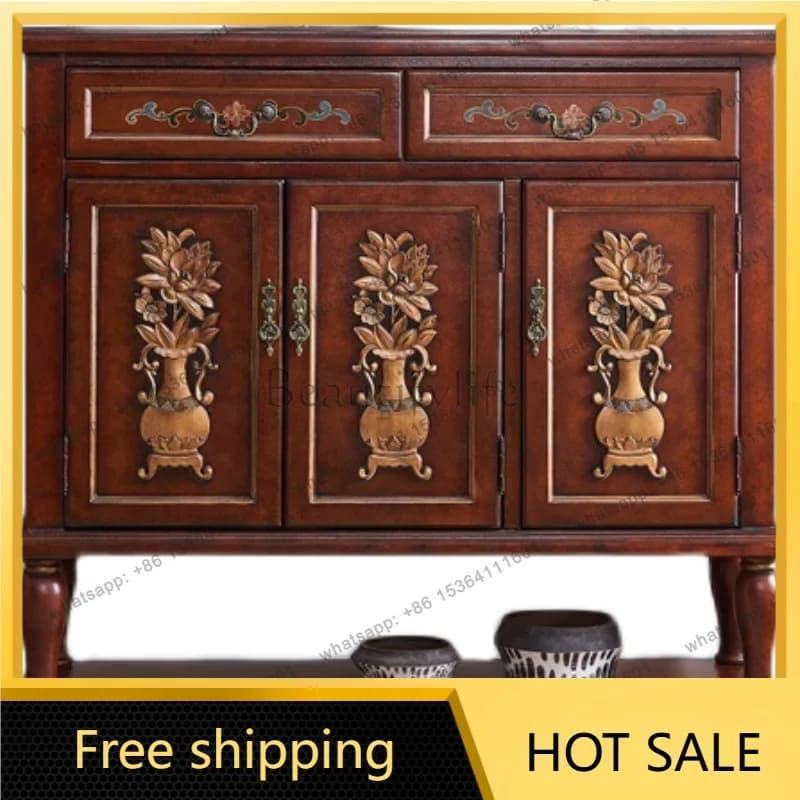 Zj. European-style foyer entrance cabinet retro gold-painted solid wood storage engraved cabinet