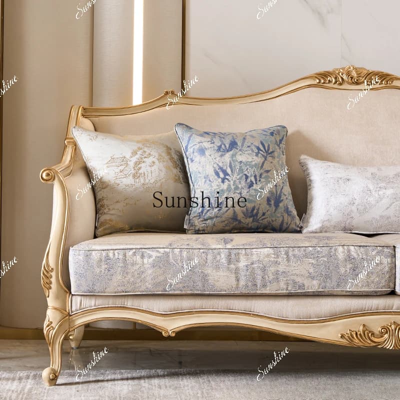 Retro small French solid wood furniture living room three-person fabric sofa combination EF2  FT